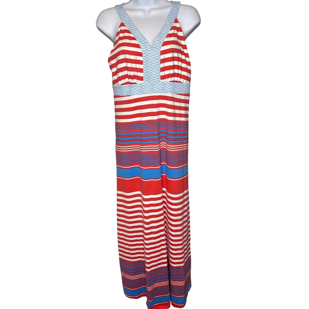 J.McLaughlin Red Blue Striped Maxi Dress Sz S Resort Yacht-Club Chic Stretchy